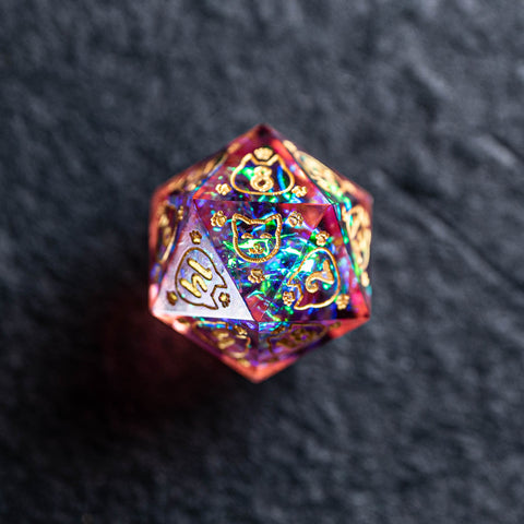 URWizards Dnd Resin Pink Glitter Engraved Dice Set Meow Style - Urwizards