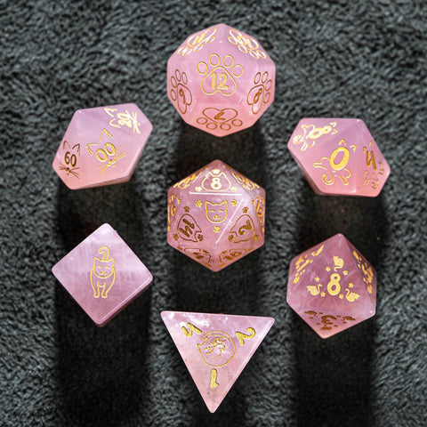 URWizards Dnd Engraved Rose Quartz Dice Set Meow Style - Urwizards
