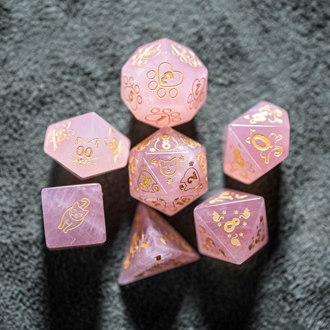 URWizards Dnd Engraved Rose Quartz Dice Set Meow Style - Urwizards
