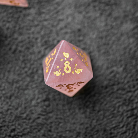 URWizards Dnd Engraved Rose Quartz Dice Set Meow Style - Urwizards