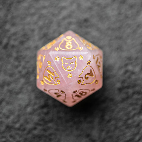 URWizards Dnd Engraved Rose Quartz Dice Set Meow Style - Urwizards
