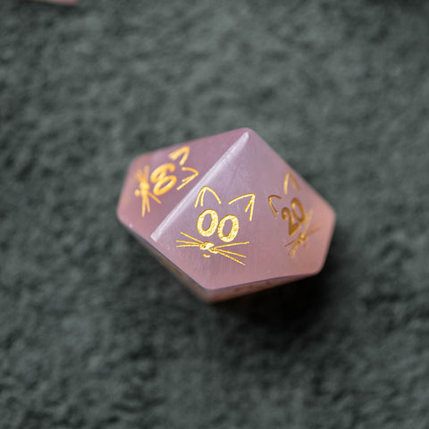 URWizards Dnd Engraved Rose Quartz Dice Set Meow Style - Urwizards