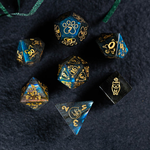 URWizards Dnd Engraved Labradorite Dice Set Meow Style - Urwizards