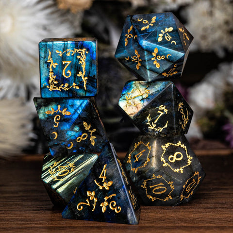 URWizards Dnd Labradorite Gemstone Engraved Dice Set Plant Vine Style - Urwizards