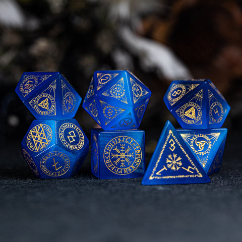 URWizards Dnd Engraved Blue Cat's Eye Stone Dice Set Nordic Style - Urwizards