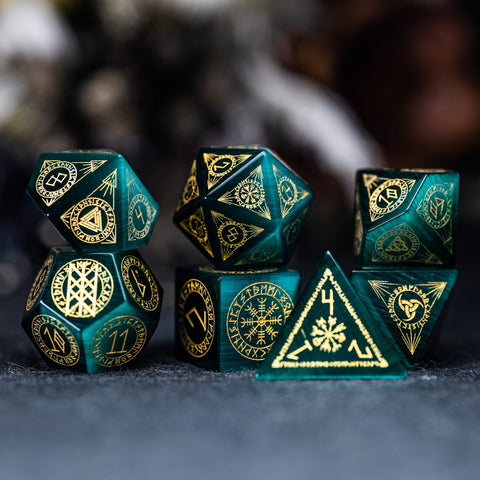 URWizards Dnd Engraved Teal Green Cat's Eye Stone Dice Set Nordic Style - Urwizards