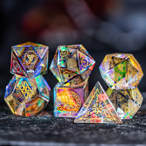 URWizards Dnd Engraved Dichroic Prism Glass Dice Set Nordic Style Gold Inked - Urwizards