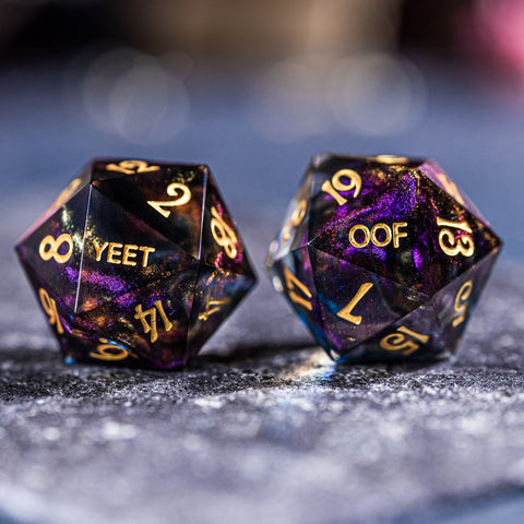 URWizards Dnd Resin Octarine Glitter Engraved Dice Set YEET & OOF - Urwizards