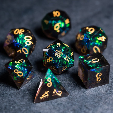 URWizards D&D Resin Dark Glitter Engraved Dice Set Turtle Style - Urwizards