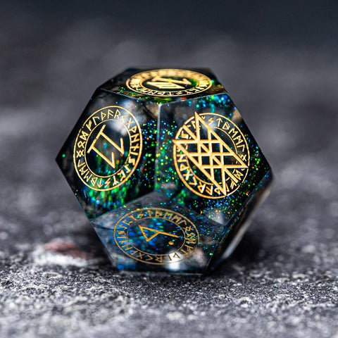 URWizards D&D Resin Dark Green Aurora Engraved Dice Set Nordic Style - Urwizards