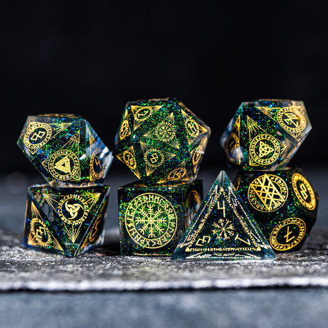 URWizards D&D Resin Dark Green Aurora Engraved Dice Set Nordic Style - Urwizards
