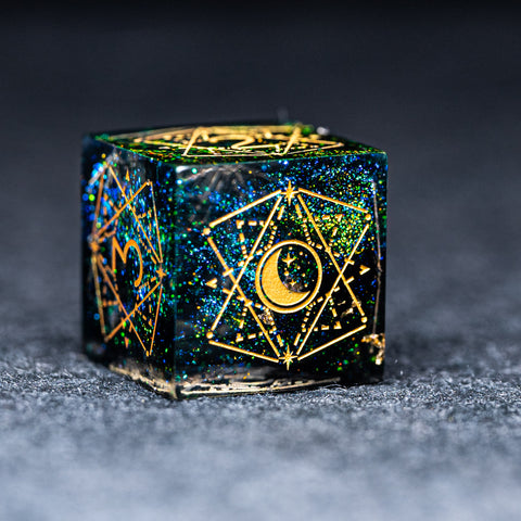 URWizards D&D Resin Dark Green Aurora Engraved Dice Set Astrology Style - Urwizards