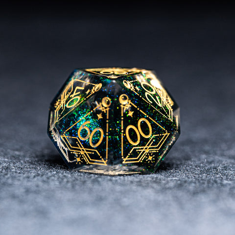 URWizards D&D Resin Dark Green Aurora Engraved Dice Set Astrology Style - Urwizards