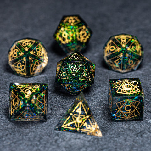URWizards D&D Resin Dark Green Aurora Engraved Dice Set Astrology Style - Urwizards