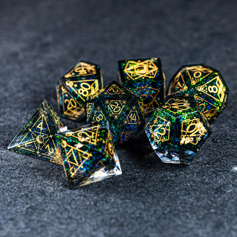 URWizards D&D Resin Dark Green Aurora Engraved Dice Set Astrology Style - Urwizards