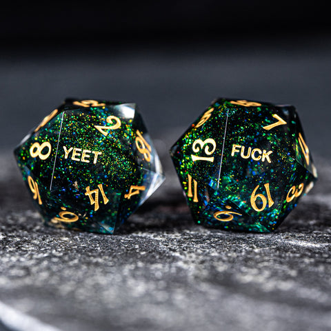 URWizards D&D Resin Dark Green Aurora Engraved Dice Set YEET & F*CK - Urwizards