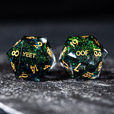 URWizards D&D Resin Dark Green Aurora Engraved Dice Set YEET & OOF - Urwizards