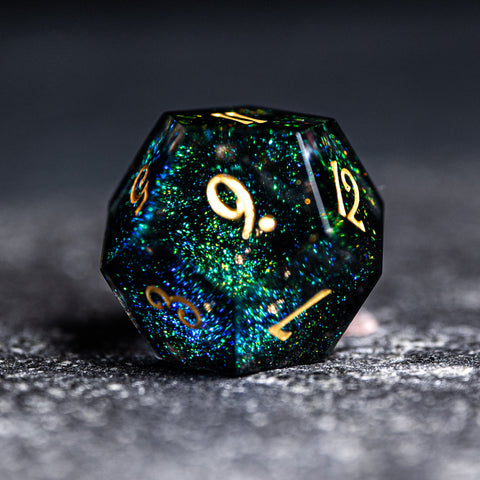 URWizards D&D Resin Dark Green Aurora Engraved Dice Set YEET & F*CK - Urwizards
