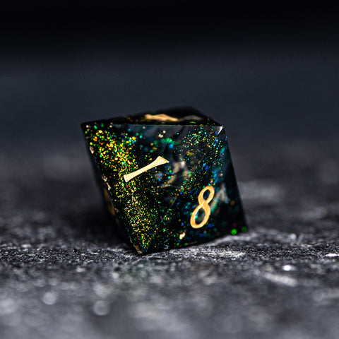 URWizards D&D Resin Dark Green Aurora Engraved Dice Set YEET & F*CK - Urwizards