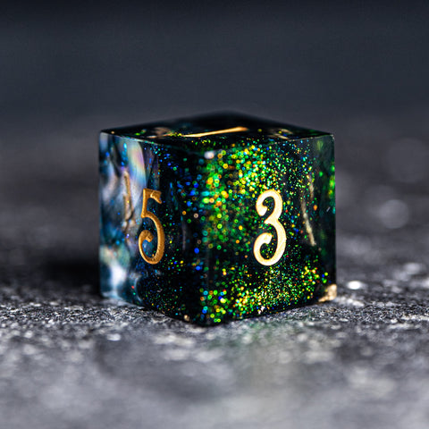URWizards D&D Resin Dark Green Aurora Engraved Dice Set YEET & OOF - Urwizards