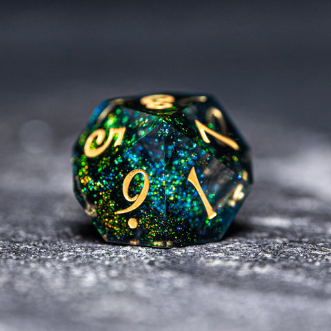 URWizards D&D Resin Dark Green Aurora Engraved Dice Set YEET & F*CK - Urwizards
