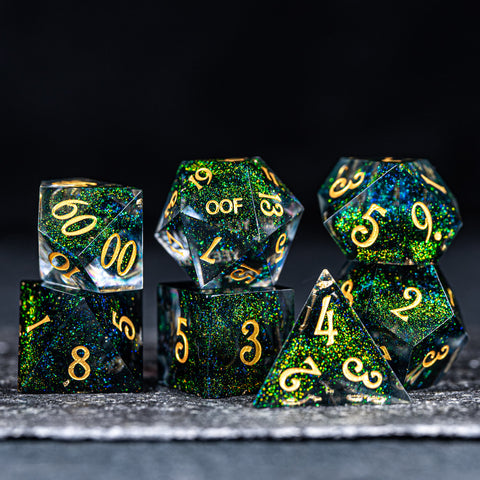 URWizards D&D Resin Dark Green Aurora Engraved Dice Set YEET & OOF - Urwizards