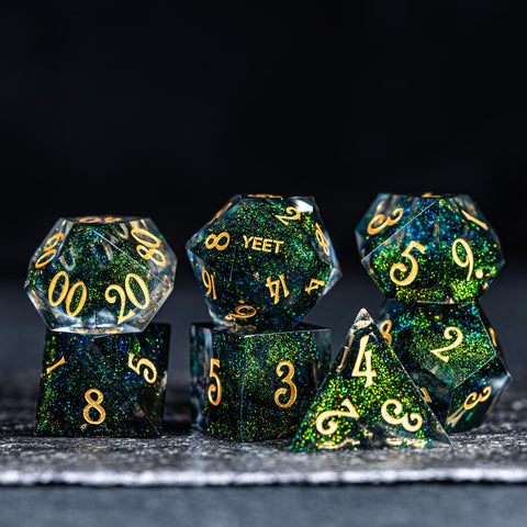 URWizards D&D Resin Dark Green Aurora Engraved Dice Set YEET & OOF - Urwizards