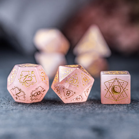 URWizards Dnd Engraved Rose Quartz Dice Set Astrology Style - Urwizards