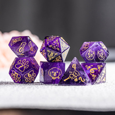 URWizards D&D Engraved Amethyst Dice Set Dog Style - Urwizards