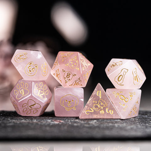 URWizards D&D Engraved Rose Quartz Dice Set Dog Style - Urwizards