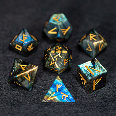 URWizards D&D Labradorite Gemstone Engraved Dice Set Runes Numbers - Urwizards