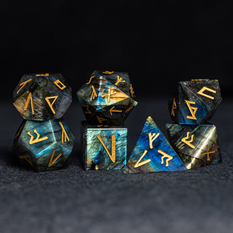 URWizards D&D Labradorite Gemstone Engraved Dice Set Runes Numbers - Urwizards