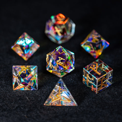 URWizards D&D Dichroic Prism Glass Gemstone Engraved Dice Set Runes Numbers - Urwizards