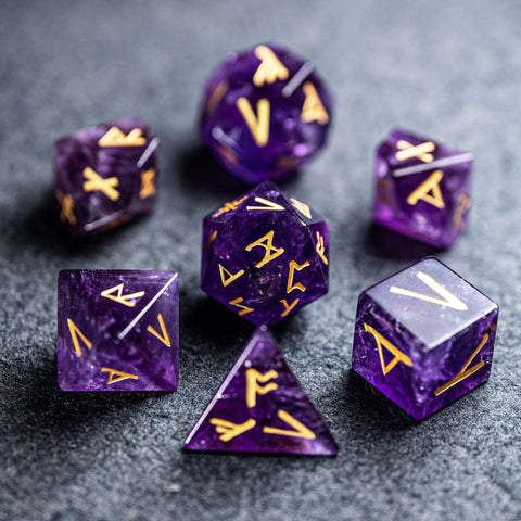 URWizards D&D Amethyst Gemstone Engraved Dice Set Runes Numbers - Urwizards
