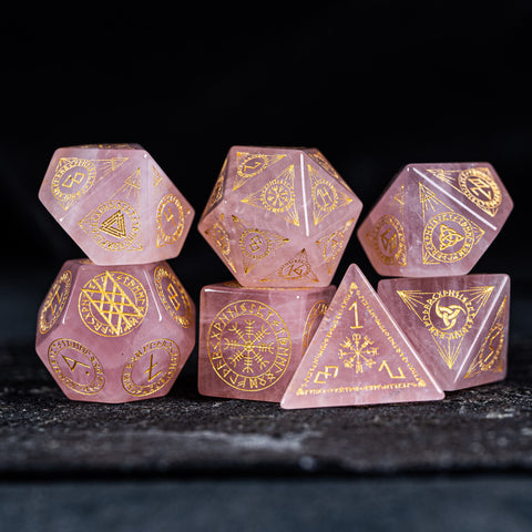 URWizards Dnd Engraved Rose Quartz Dice Set Nordic Style Gold Inked - Urwizards