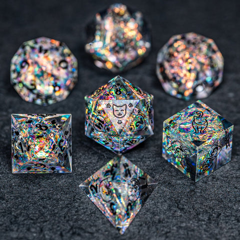 URWizards D&D Resin Opal Glitter Engraved Dice Set Meow Style - Urwizards