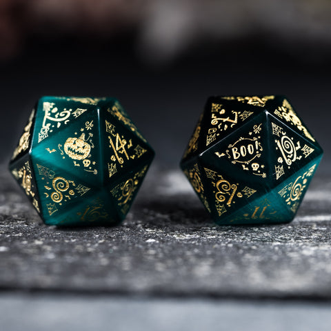URWizards D&D Teal Cat's Eye Stone Engraved Dice Set Halloween Style - Urwizards