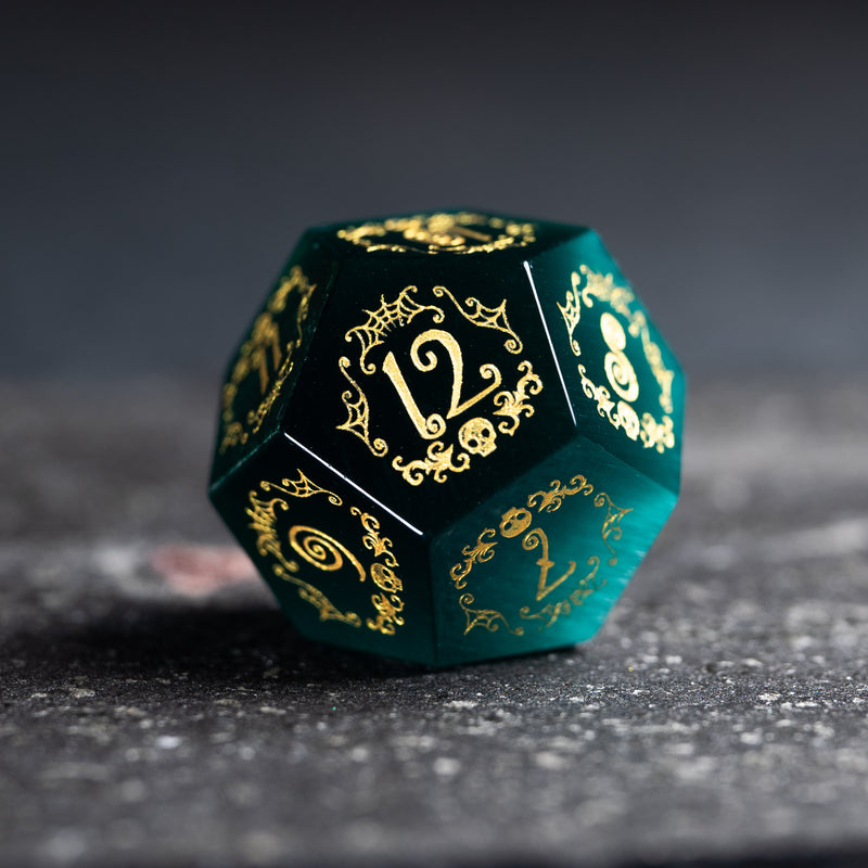 URWizards D&D Teal Cat's Eye Stone Engraved Dice Set Halloween Style - Urwizards