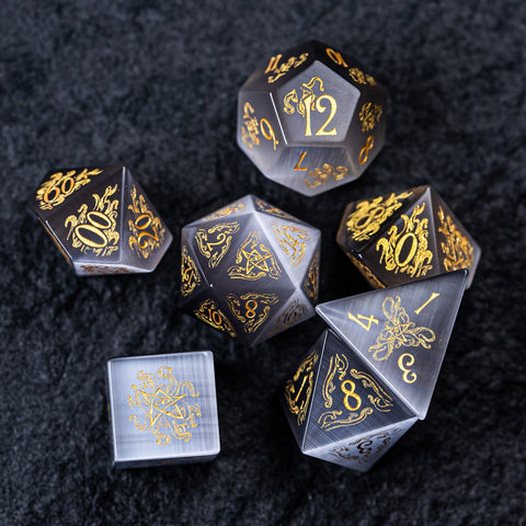 URWizards Dnd Engraved Grey Cat's Eye Stone Dice Set Cthulhu Style - Urwizards