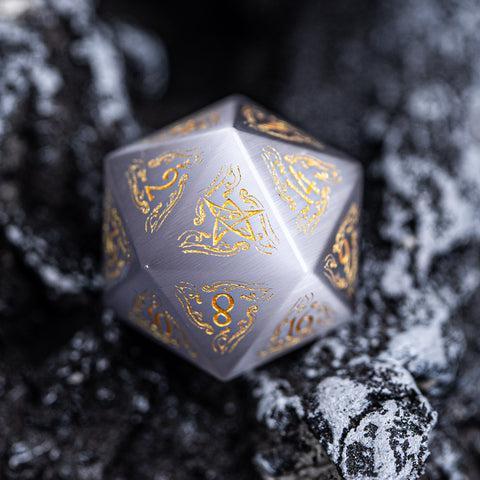 URWizards Dnd Engraved Grey Cat's Eye Stone Dice Set Cthulhu Style - Urwizards