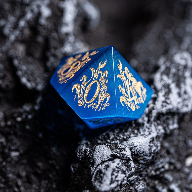 URWizards Dnd Engraved Blue Cat's Eye Stone Dice Set Cthulhu Style - Urwizards