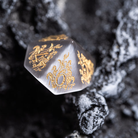 URWizards Dnd Engraved Grey Cat's Eye Stone Dice Set Cthulhu Style - Urwizards