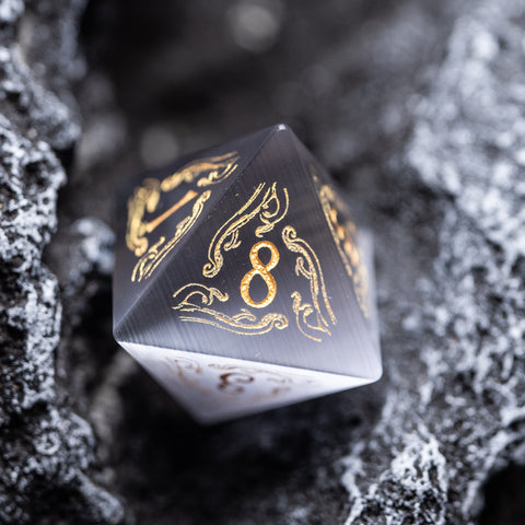 URWizards Dnd Engraved Grey Cat's Eye Stone Dice Set Cthulhu Style - Urwizards
