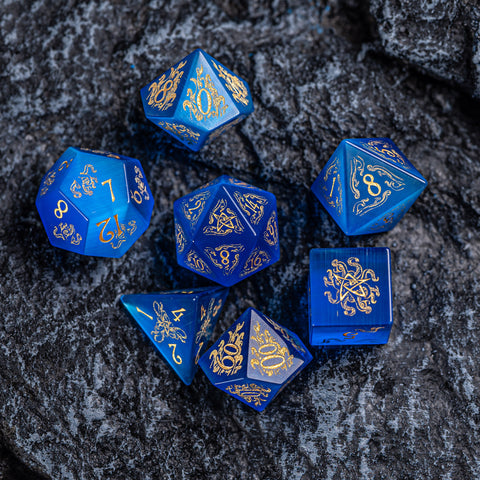 URWizards Dnd Engraved Blue Cat's Eye Stone Dice Set Cthulhu Style - Urwizards