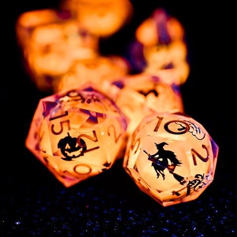 URWizards D&D Glow in the Dark Liquid Core Resin Engraved Dice Set Halloween - Urwizards