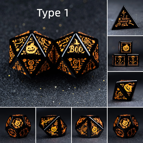 URWizards D&D Obsidian Engraved Dice Set Halloween Style Orange Ink - Urwizards