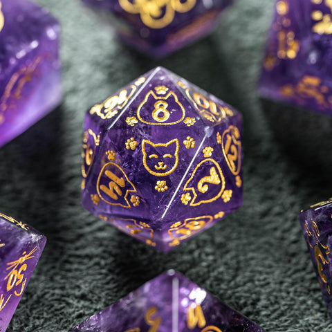 URWizards Dnd Engraved Amethyst Dice Set Meow Style - Urwizards