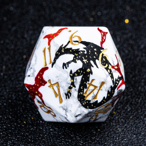 URWizards D&D White Howlite Engraved Dice Set Hand-painted Black Dragon - Urwizards