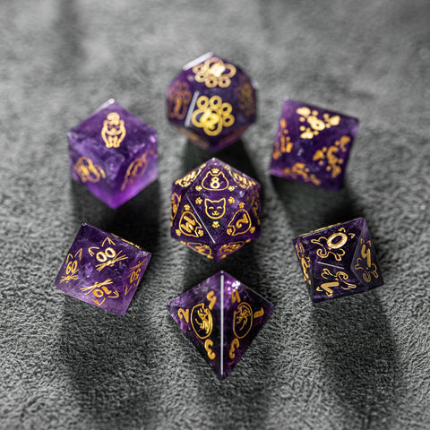 URWizards Dnd Engraved Amethyst Dice Set Meow Style - Urwizards