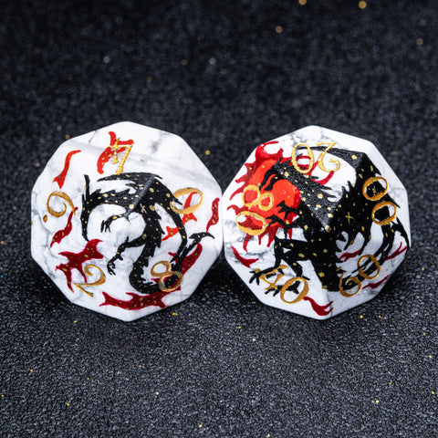 URWizards D&D White Howlite Engraved Dice Set Hand-painted Black Dragon - Urwizards